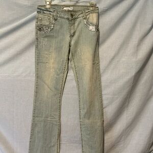 Women Y2K Sequined Distressed Embellished Bedazzled Whitewashed Denim Jeans
